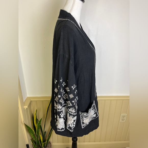 Johnny Was Black Linen Embroidered Kimono Jacket L Boho Open Cardigan Western - Picture 6 of 10